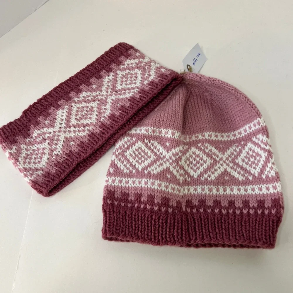 Norwegian Handknit Anne Jorunn Fair Isle Hat Beanie & Ear Headband Set New‎